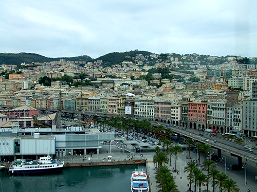 A view looking down over the port city of Genoa, Italy