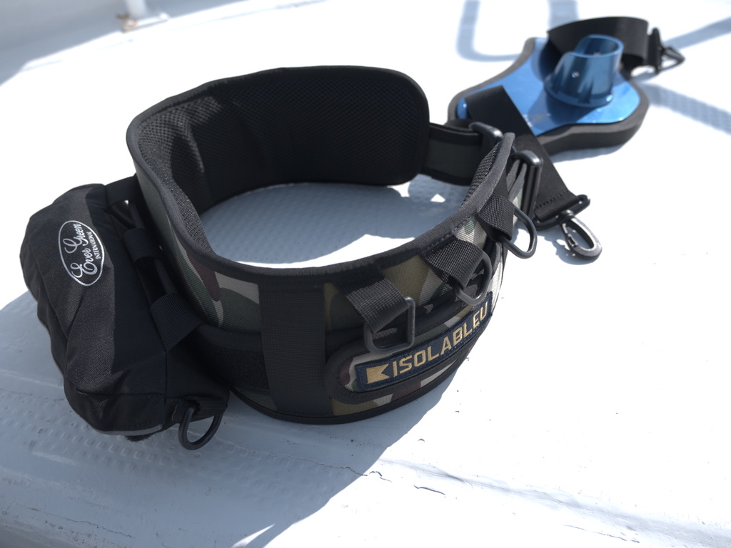 The full gimbal fighting belt set — mesh backing, resin D-rings, two gimbal straps, worn with a life jacket