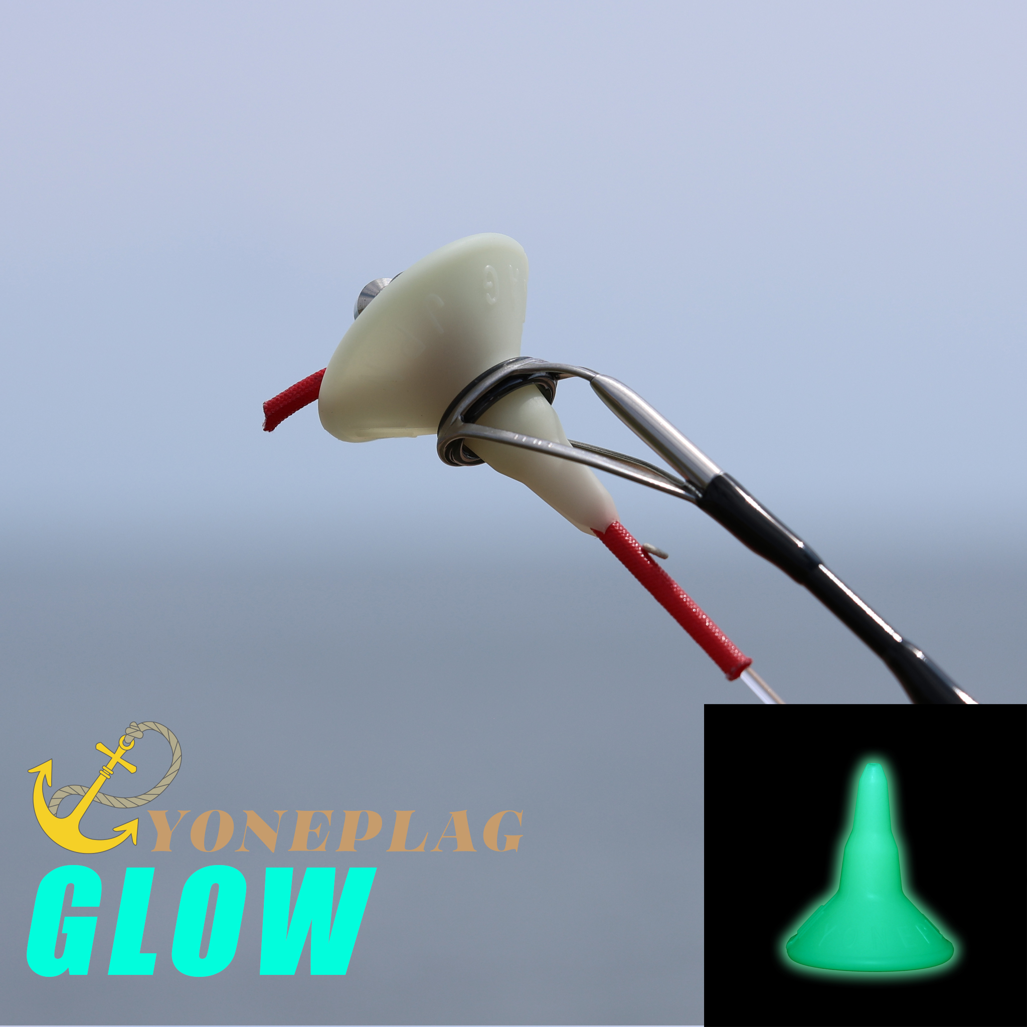YONEPLAG in the special glow (luminous) color fitted to a top guide, glowing in the dark