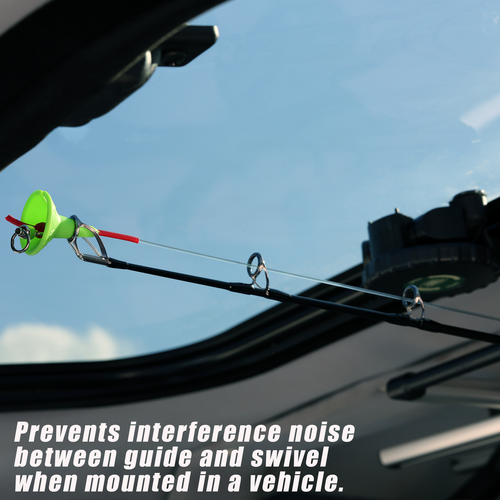 YONEPLAG fitted to the top guide of a rod carried on an in-cabin rack — stopping the rattle of the hardware